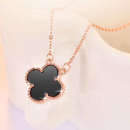 18K Gold Four Leaf Clover Necklace Carnelian, Onyx, Mother of Pearl, Malachite