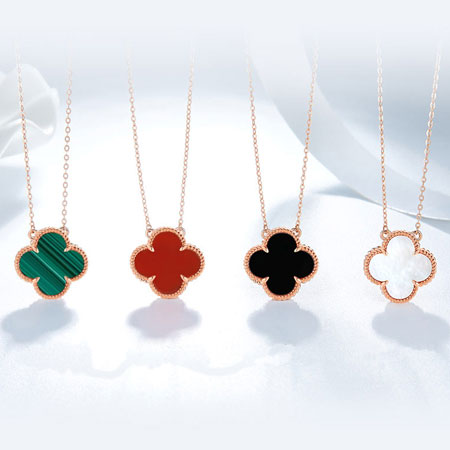 18K Gold Four Leaf Clover Necklace Carnelian, Onyx, Mother of Pearl, Malachite