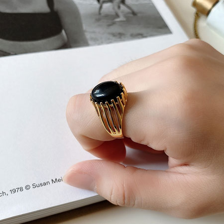 18K Gold Plated Ring with Black Onyx in Sterling Silver