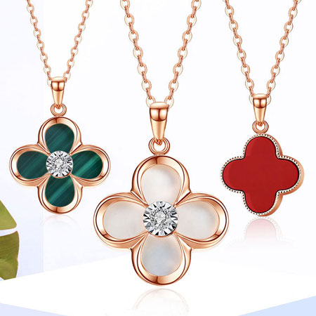 18K Rose Gold Diamond Four Leaf Clover Necklace Pendant Black Red White Green