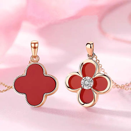 18K Rose Gold Diamond Four Leaf Clover Necklace Pendant Black Red White Green
