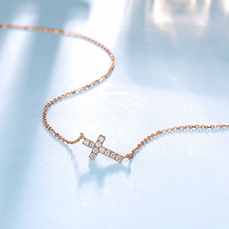18K Rose Gold Sideways Cross Necklace with Diamonds