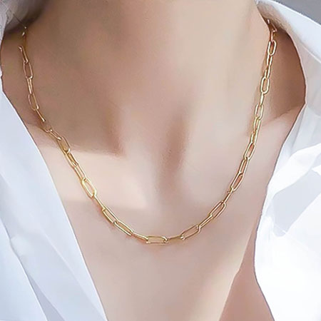 18K Solid Gold Paperclip Chain Necklace Rose Yellow Gold 16 17 18 20 22 24 Inch