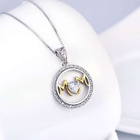 Round Letter Necklace for Mom with Heart CZ Diamond Sterling Silver