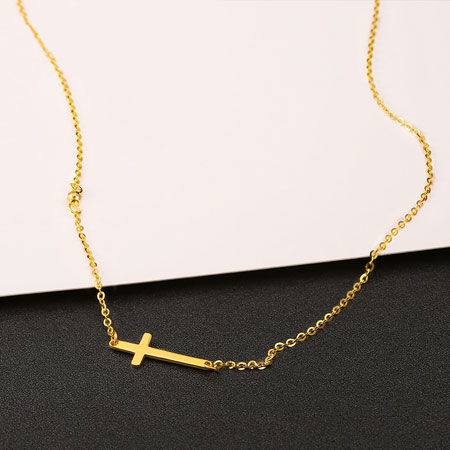 24K Yellow Gold Cross Necklace Sideways for Women