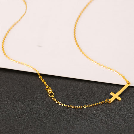24K Yellow Gold Cross Necklace Sideways for Women