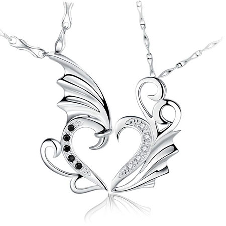 Angel and Devil Heart Necklace in Sterling Silver