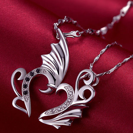 Angel and Devil Heart Necklace in Sterling Silver