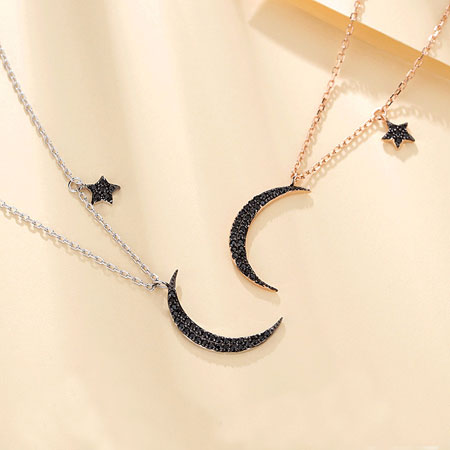 Black Moon and Star Necklace in Sterling Silver
