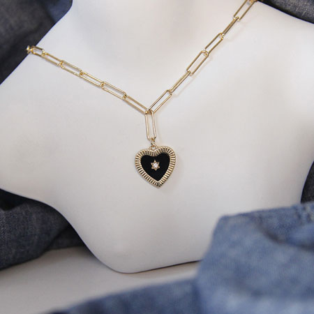 Black Onyx Heart Necklace Pendant with Paperclip Chain Sterling Silver