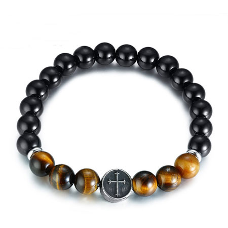 Black Onyx and Tiger Eye Bracelet with Cross