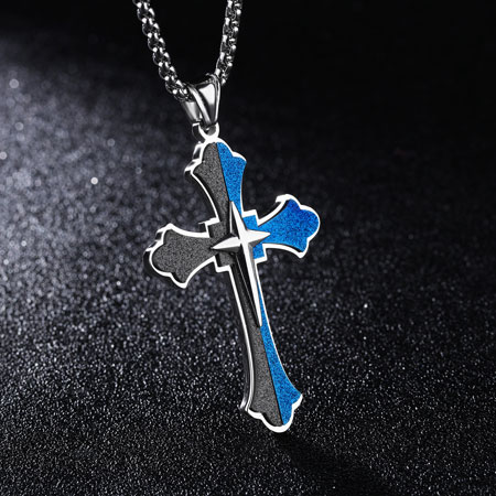 Mens Black and Blue Cross Necklace in Stainless Steel