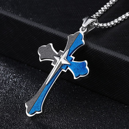 Mens Black and Blue Cross Necklace in Stainless Steel