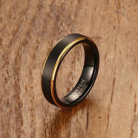 Mens Black and Gold Tungsten Carbide Ring