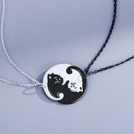 Black and White 2 Pieces Yin Yang Cat Couple Necklace Sterling Silver