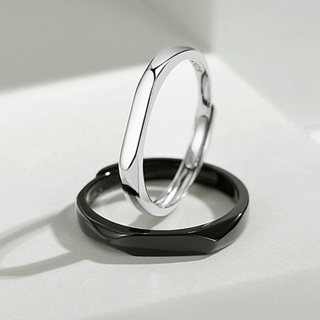 Black and White Rhombus Flat Signet Couple Ring Sterling Silver