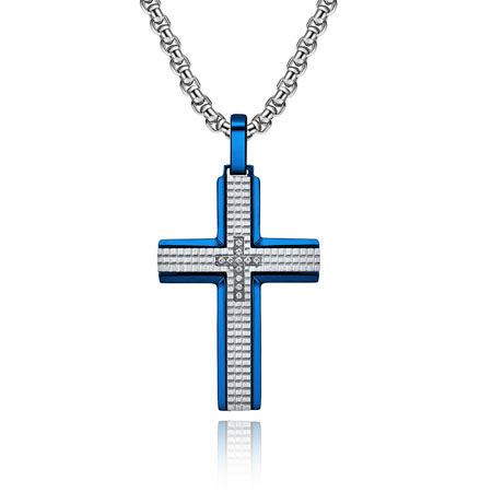 Blue Black Gold Men's Cross Necklace in Titanium Stainless Steel