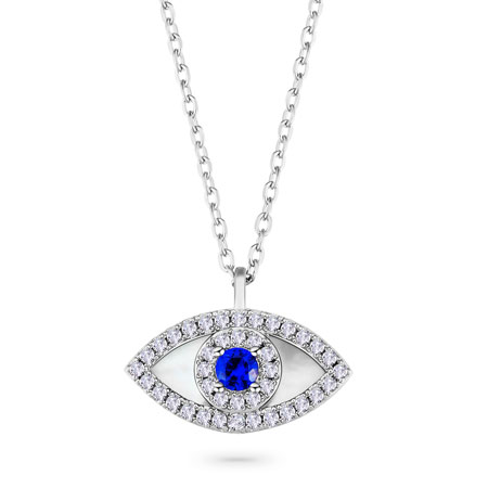 Blue Evil Eye Necklace with CZ Diamonds in Sterling Silver
