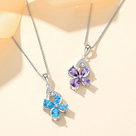 Blue and Purple Four Leaf Clover Necklace Sterling Silver