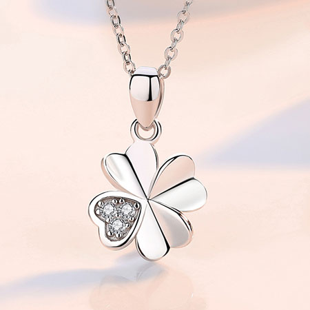 Sterling Silver Four Leaf Clover Pendant Necklace with CZ Diamond