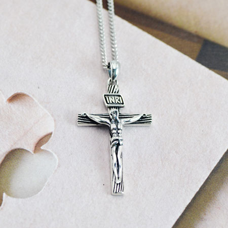 Catholic Cross Pendant Necklace for Men and Women Sterling Silver