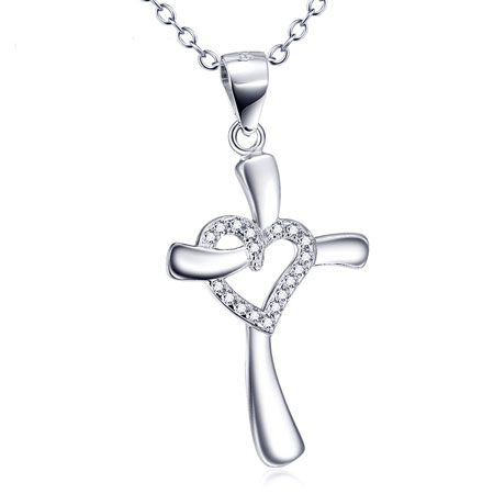Sterling Silver Cross Necklace with Heart in The Middle