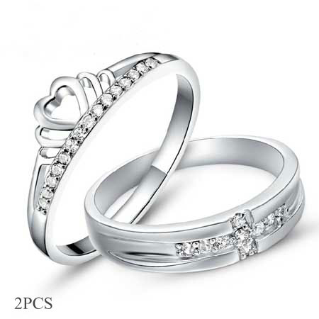 King Queen Cross and Crown Couple Rings in Sterling Silver