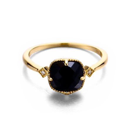 Cushion Cut Black Onyx Ring Sterling Silver Plated 14K Yellow Gold