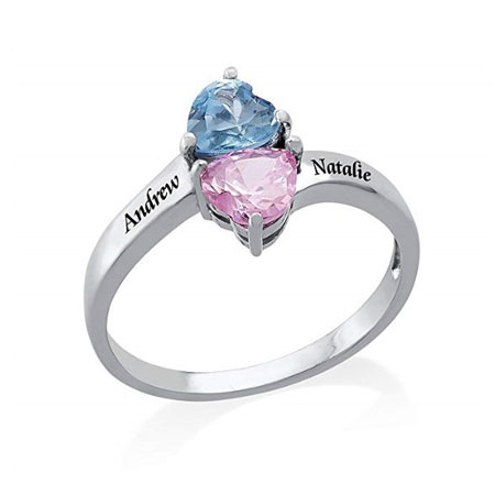 Custom Engagement Rings with Engraved Names for Women with Double Hearts Birthstones