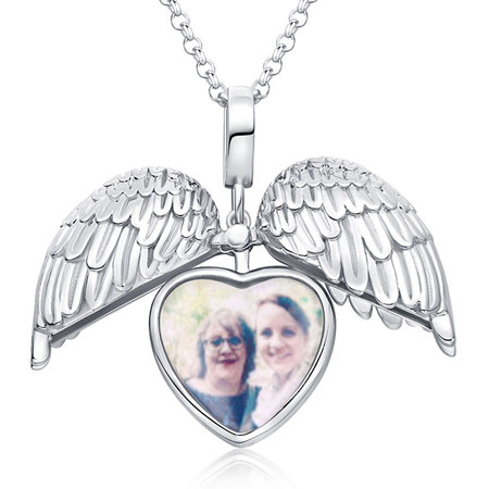 Customized Engravable Heart Locket Necklace with Angel Wings Sterling Silver