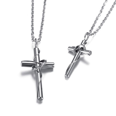 Stainless Steel Cylindrical Cross Couple Necklace With Circle