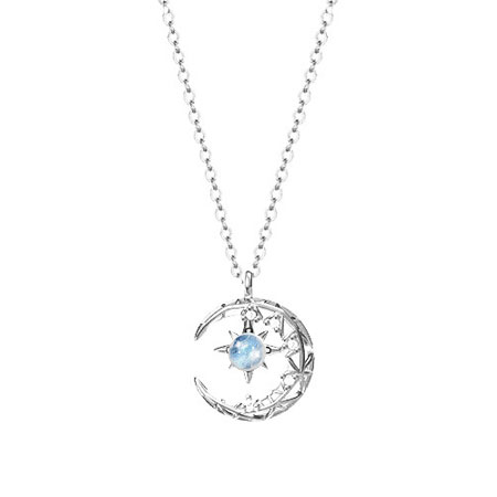 Dainty Moon and Star Necklace with Crystal in Sterling Silver