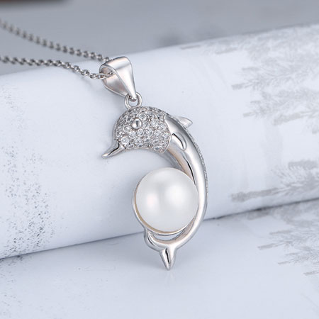 Dolphin Pearl Necklace Pendant in Sterling Silver