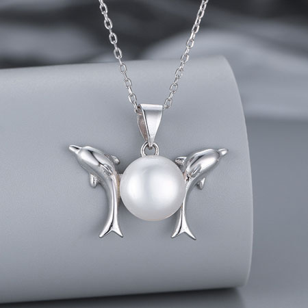 Dolphin Pearl Necklace Pendant in Sterling Silver