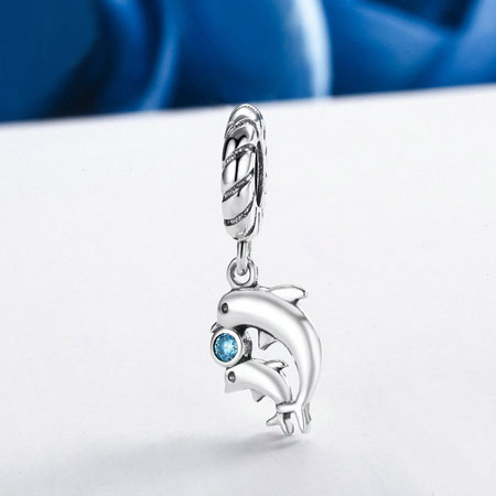 Double Dolphin Necklace with Blue Stone in Sterling Silver
