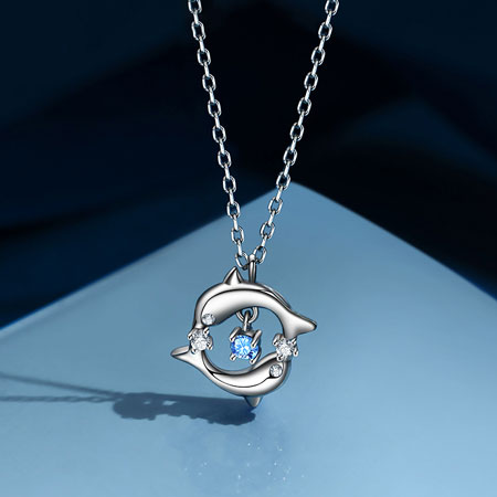 Double Dolphin Necklace with Blue Stone in Sterling Silver