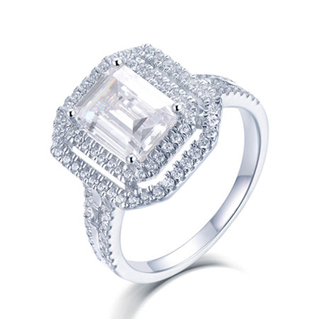 Double Halo Emerald Cut Engagement Ring in Sterling Silver