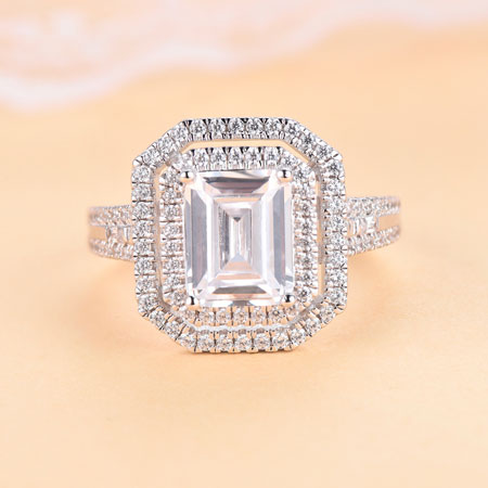 Double Halo Emerald Cut Engagement Ring in Sterling Silver