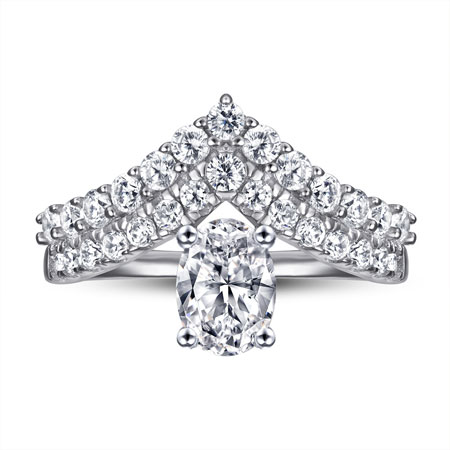 Double V Shaped Ring with Oval CZ Diamond in Sterling Silver