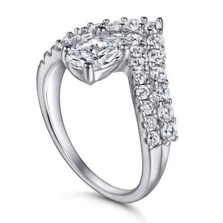 Double V Shaped Ring with Oval CZ Diamond in Sterling Silver