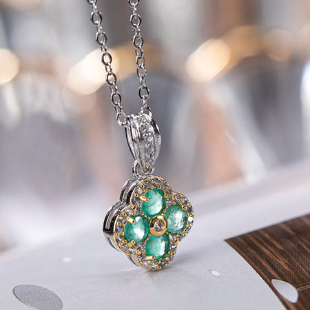 Natural Emerald Four Leaf Clover Necklace Sterling Silver