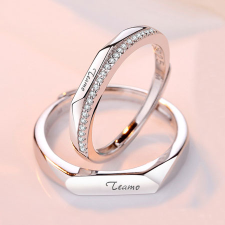 Engraved “Teamo” Rhombus Rings for Couple in Sterling Silver