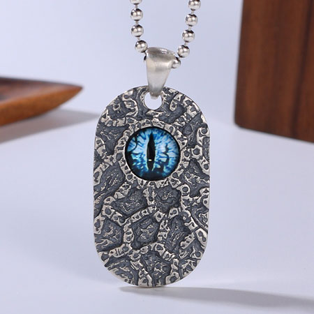 Vintage Evil Eye Dog Tag Pendant Necklace with Earth Crack in Sterling Silver
