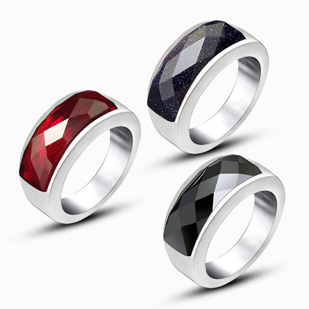 Faceted Stone Rings in Titanium Stainless Steel Black Red Blue