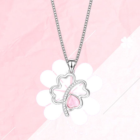 Four Leaf Clover Heart Crystal Necklace Sterling Silver