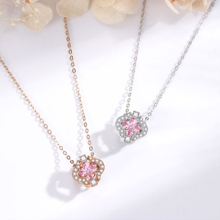Four Leaf Clover Necklace with Pink CZ Sterling Silver