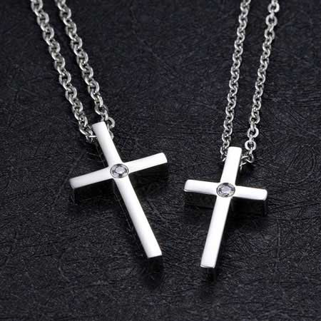 Glossy Cross Couple Necklace with CZ Diamond Titanium Stainless Steel