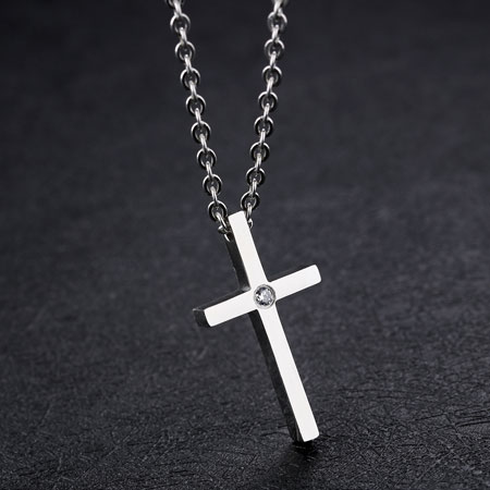 Glossy Cross Couple Necklace with CZ Diamond Titanium Stainless Steel