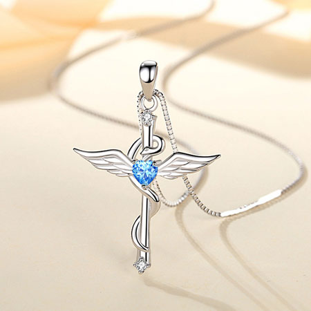 Guardian Angel Necklace with Birthstone in Sterling Silver