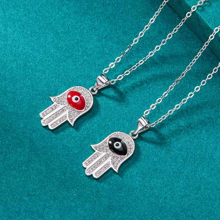 Hamsa Black and Red Evil Eye Necklace in Sterling Silver